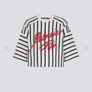 Balmain  Navy and Cream Striped Tee with Red Logo